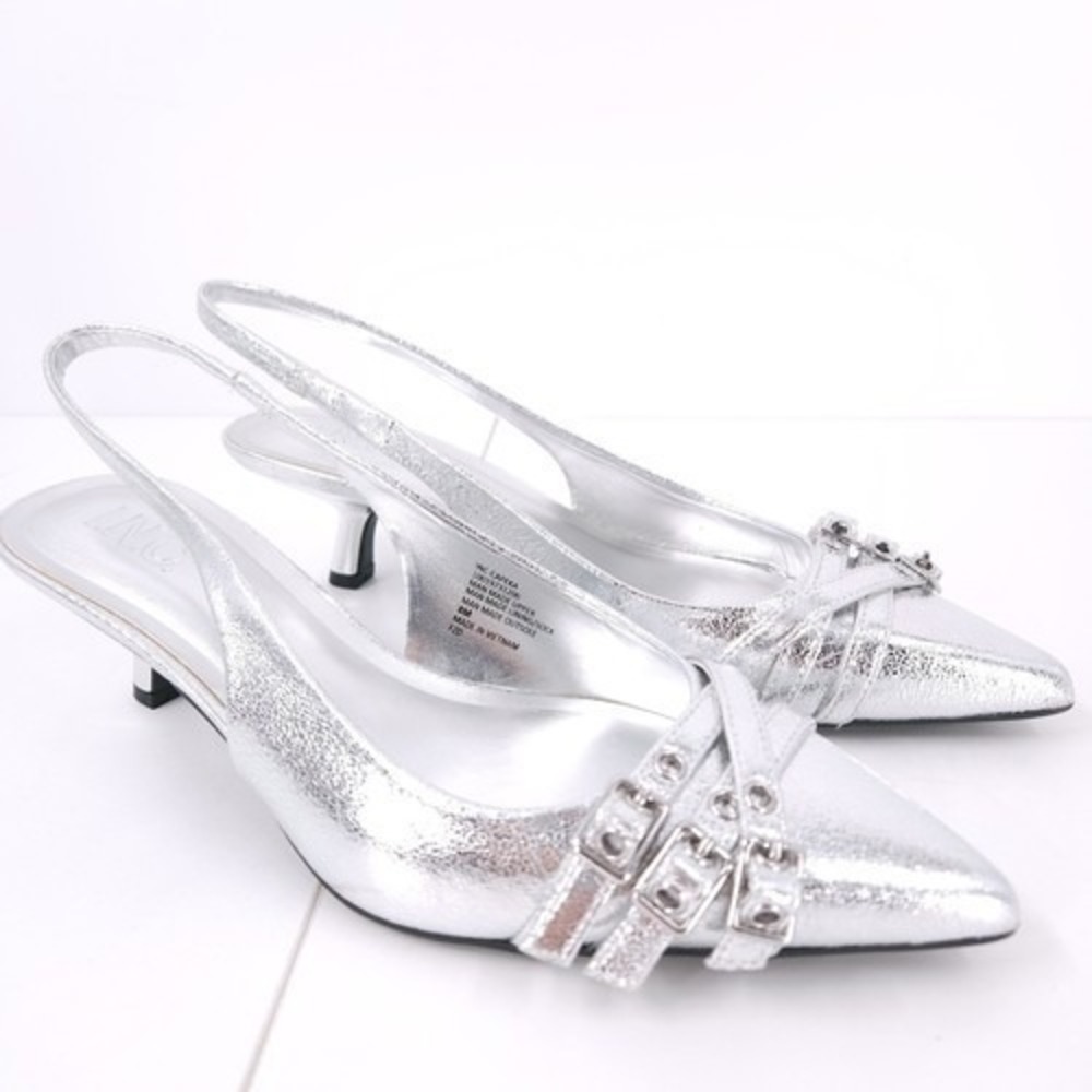 I.N.C. Capeka Slingback Pumps Silver Buckle Kitten Heel Pointed Toe Womens 6M